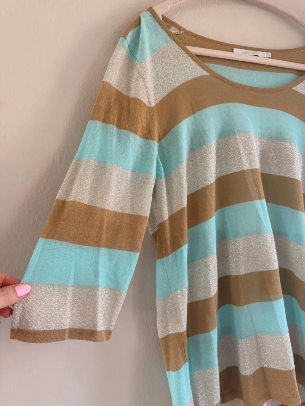 Lauren Vidal Aqua, Tan & Cream Striped Scoop Neck Tunic